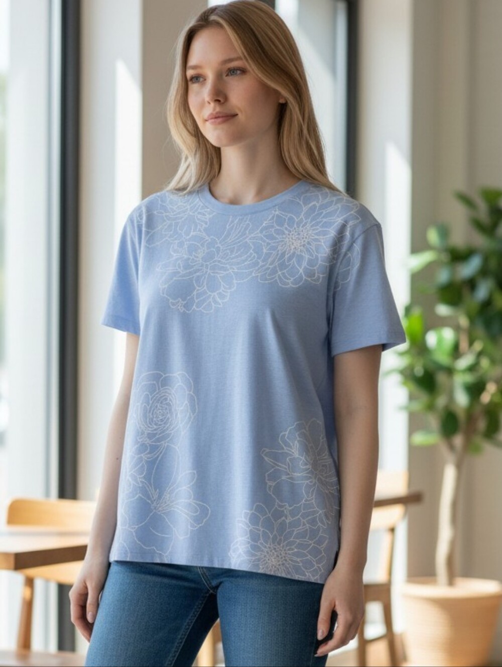 J. Jill Light Blue Floral Outline Short Sleeve Tee